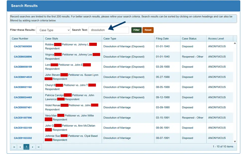A screenshot from the Broward County Clerk of Courts website showing the case search results page filtered with 'Case Type' and 'dissolution', displaying results that includes information such as case number, case style, case type, filing date, case status and access level.