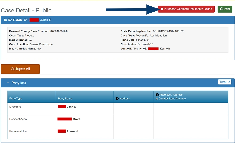 A screenshot from the Broward County Clerk of Courts case detail page displaying case information and involved parties, a red button can be seen at the top right to purchase certified documents online, beside it is a green button to print the case details.
