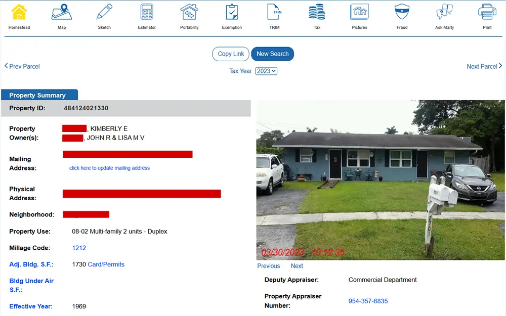 A screenshot from the Broward County Property Appraiser website displaying the property parcel result page with information such as the property summary that includes property ID, owners, address, neighborhood, property use, millage code, and an image of the property.