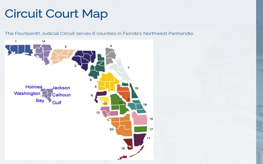 A screenshot from the Fourteenth Judicial Circuit of Florida website showing the circuit court map with labels 1 to 20 and each with different colors.