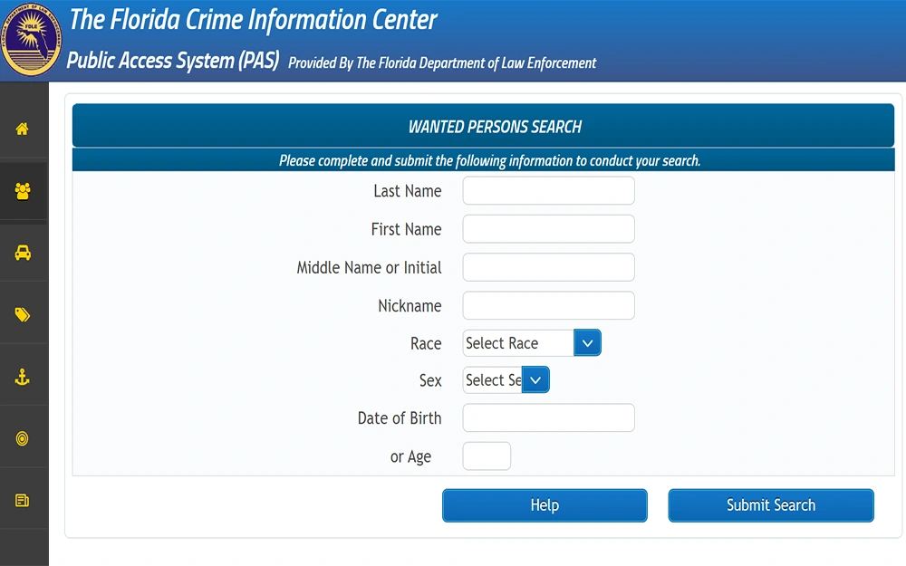 A screenshot from the FDLE Florida Crime Information Center Public Access System website displaying the wanted person search page with search bars for full name, nickname, race, sex, date of birth, and age to conduct a search.