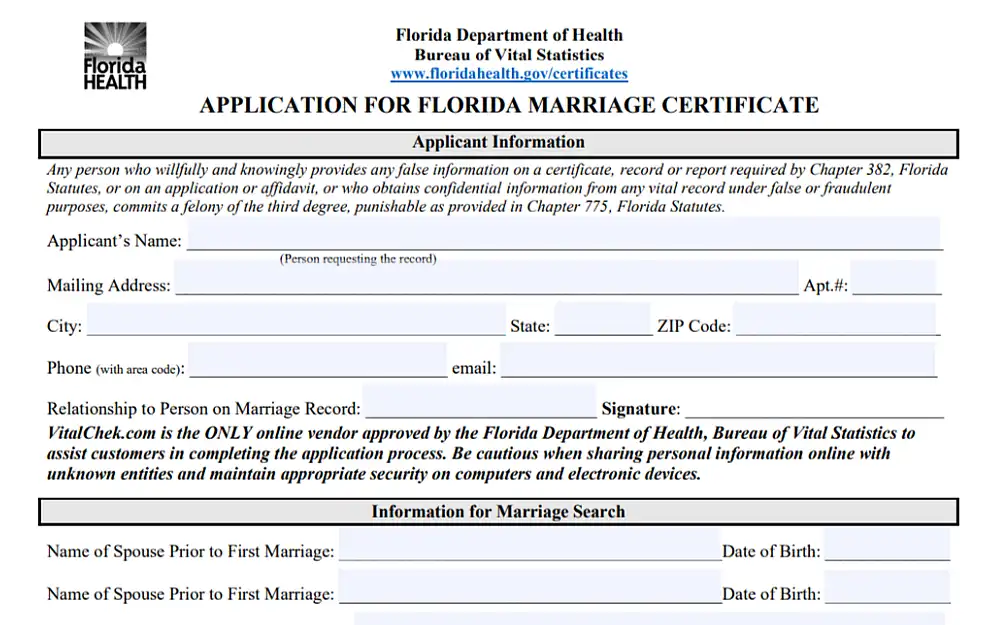 A screenshot showing the application for Florida marriage certificate from the Florida Department of Health that requires the mailing address, applicant's name, phone number with area code, ZIP code, city, apartment number, and other details of marriage.