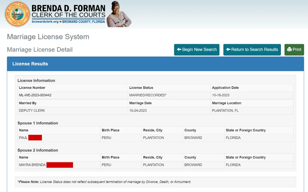 A screenshot displaying the marriage license detail from the Broward County Clerk of Circuit Courts website showing license information such as license number and status, application and marriage date and others.