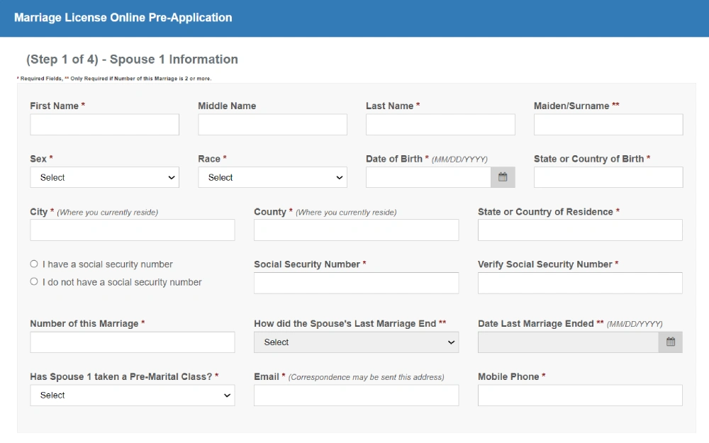 A screenshot of a marriage license online pre-application from the Broward County Clerk of Circuit Courts website requiring some details such as full name, race, sex, date of birth, city, county and others.