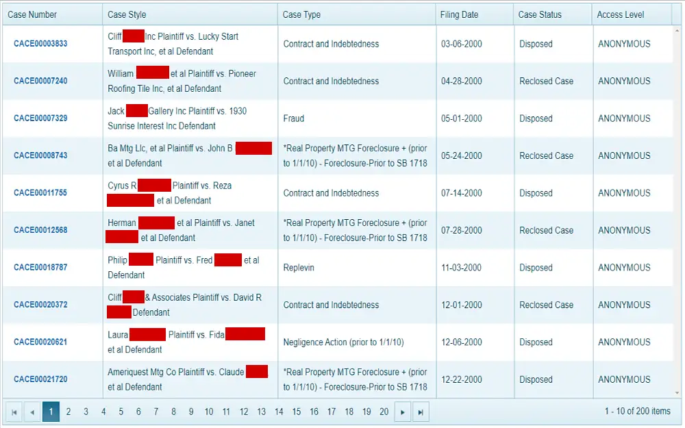 A screenshot showing the case search results from the Broward County Clerk of Courts website displaying a table with details such as case number, case type, case style, filling date, case status and access level.