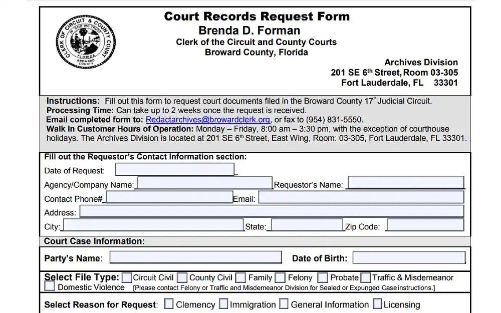 A screenshot showing a court records request form from the Broward Clerk of the Circuit and County Courts website requiring information such as date of request, agency or company name, requestor's name, contact phone number, email address, address, city, state and ZIP code.
