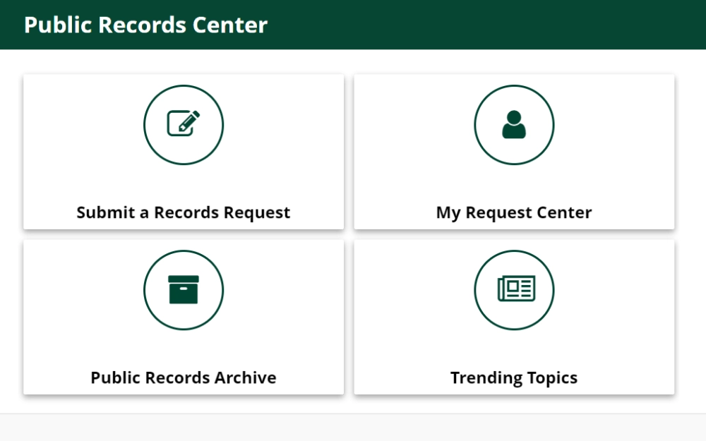 A screenshot displaying a public records center tool from the Broward County Sheriff’s Office website, which options are submit a records request, request center, public records archive and trending topics.