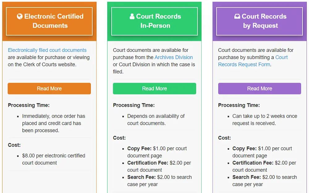 A screenshot showing information regarding the electronic certified documents, court records in-person, and court records by request displaying the processing time and cost from the Broward County Clerk of Courts website.