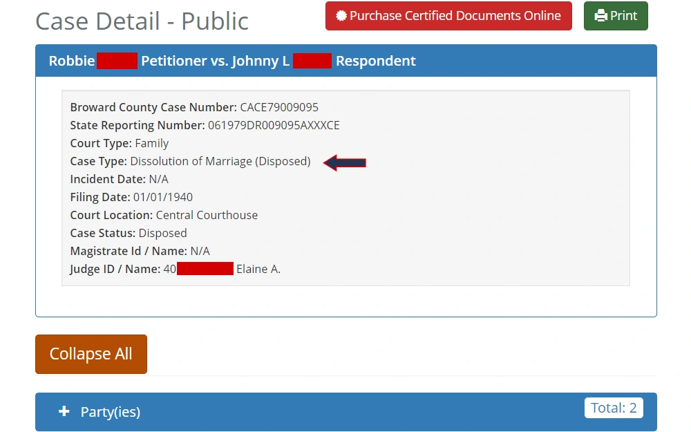 A screenshot of a case detail from the court record search results shows the case title, number, type, and status, court type and location, incident and filing dates, state reporting number, judge name, and magistrate name.
