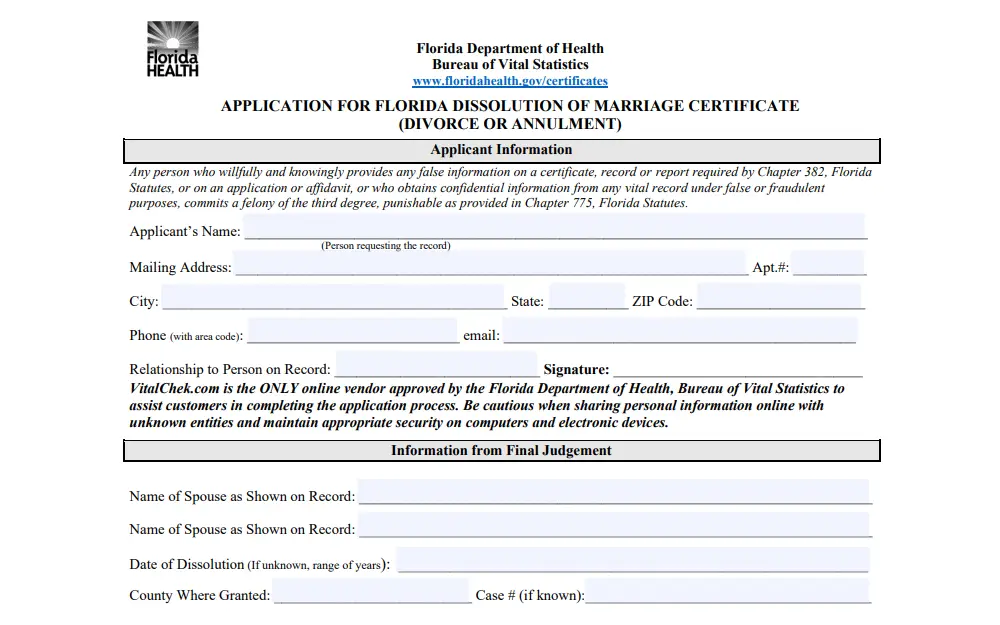 Screenshot of the marriage certificate dissolution application form showing the sections for the applicant and final judgment information, including fields for applicant's name, mailing address, contact information, relation to either of the parties on record, signature, names of spouses on record, date of dissolution, county, and case number.