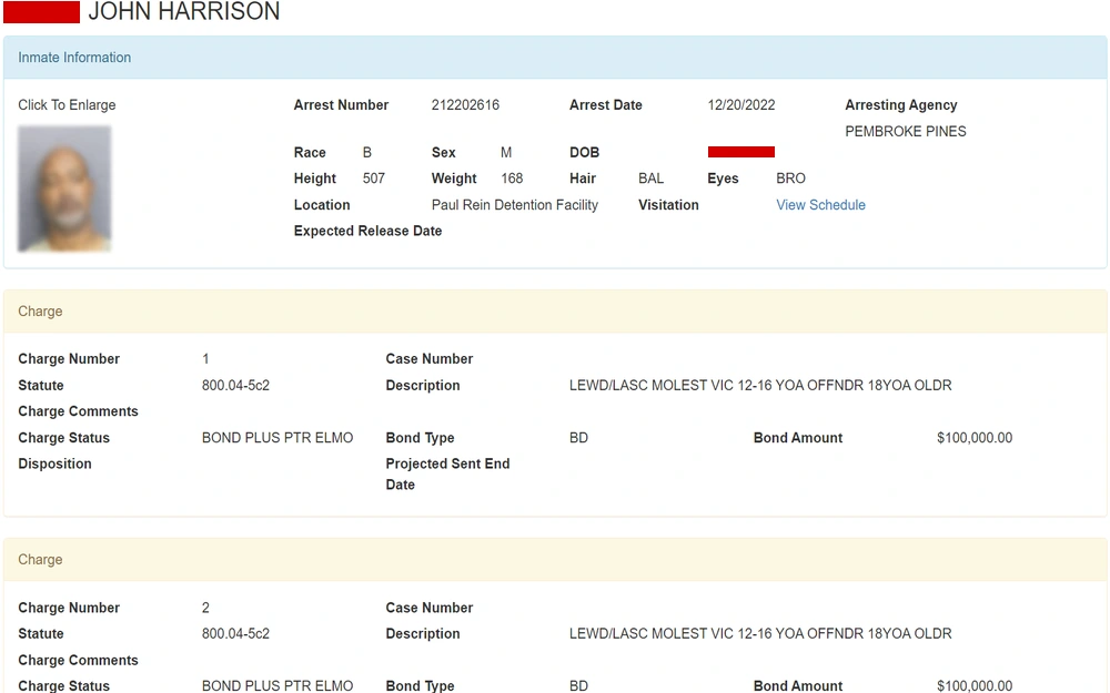 A screenshot from the Broward County Sheriff’s Office detailing a mugshot, demographic information, arrest details, location, charges with case numbers, bond type, bond amount, and options to enlarge the photo and view visitation schedules.