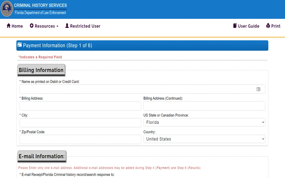 A screenshot from the Florida Department of Law Enforcement detailing a payment information form with fields for billing and email information.