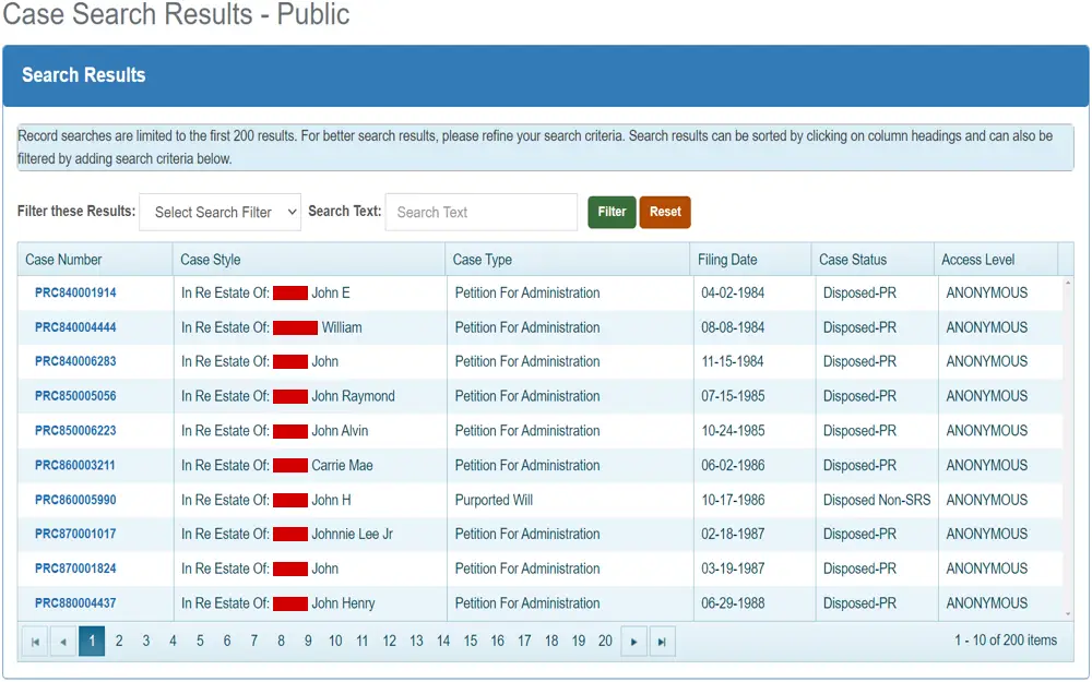 A screenshot from the Broward County Clerk of the Courts detailing case number, style, type, filing date, status, and access level.