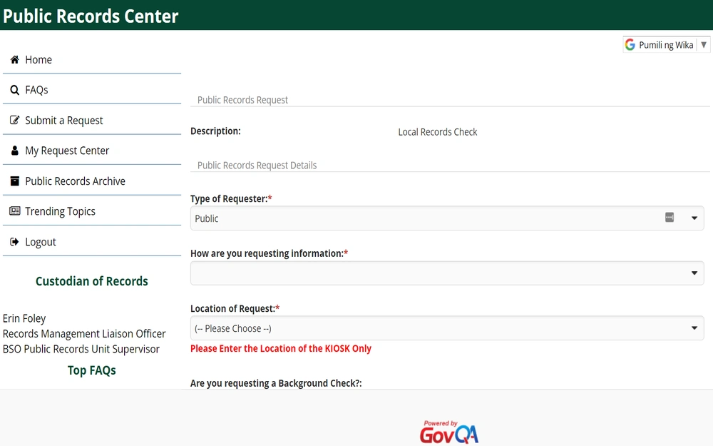 A screenshot from the Broward County Sheriff’s Office featuring an online form titled "Public Records Center" with menu options and fields for submitting a request for records, including the requester's type and location and the custodian of records contact information.