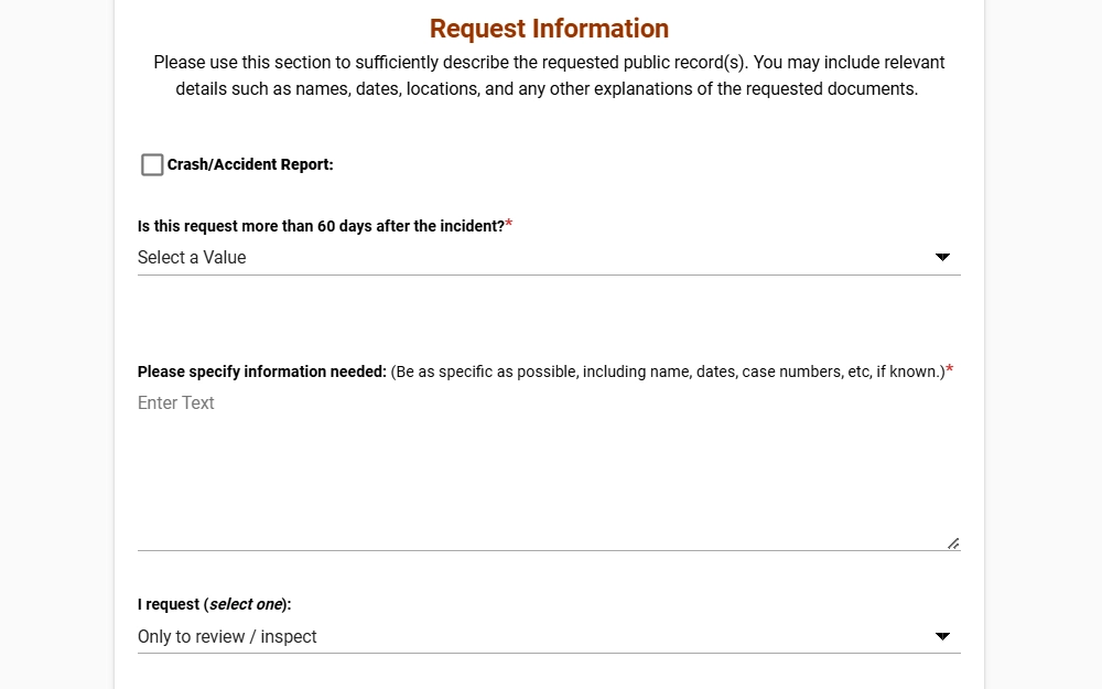 A screenshot of the Coral Springs Police Report Electronic Request Form, with options to specify the information needed and the type of access requested.