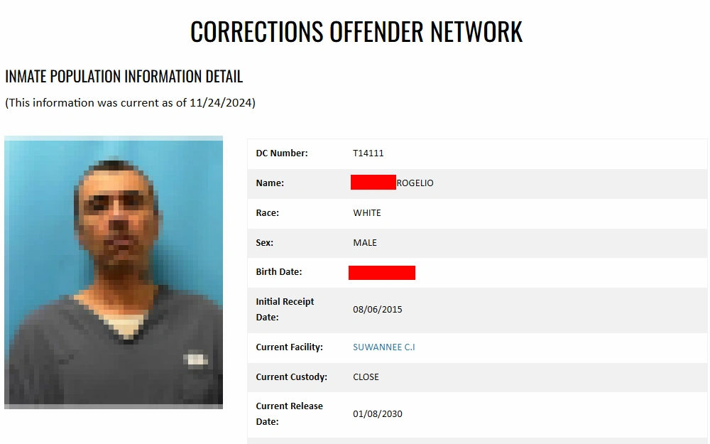 A screenshot of the Florida Department of Corrections Offender Network, displaying inmate information such as DC number, full name, sex, birth date, current location, and release date.