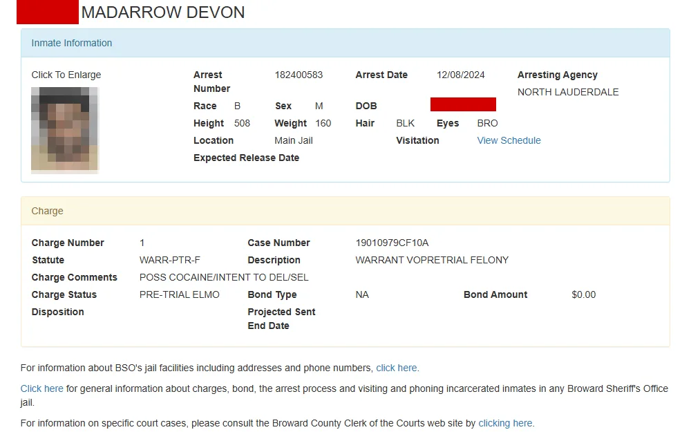 A screenshot of the search results from the Broward County Sheriff's Office arrest search, showing inmate information and charge details.